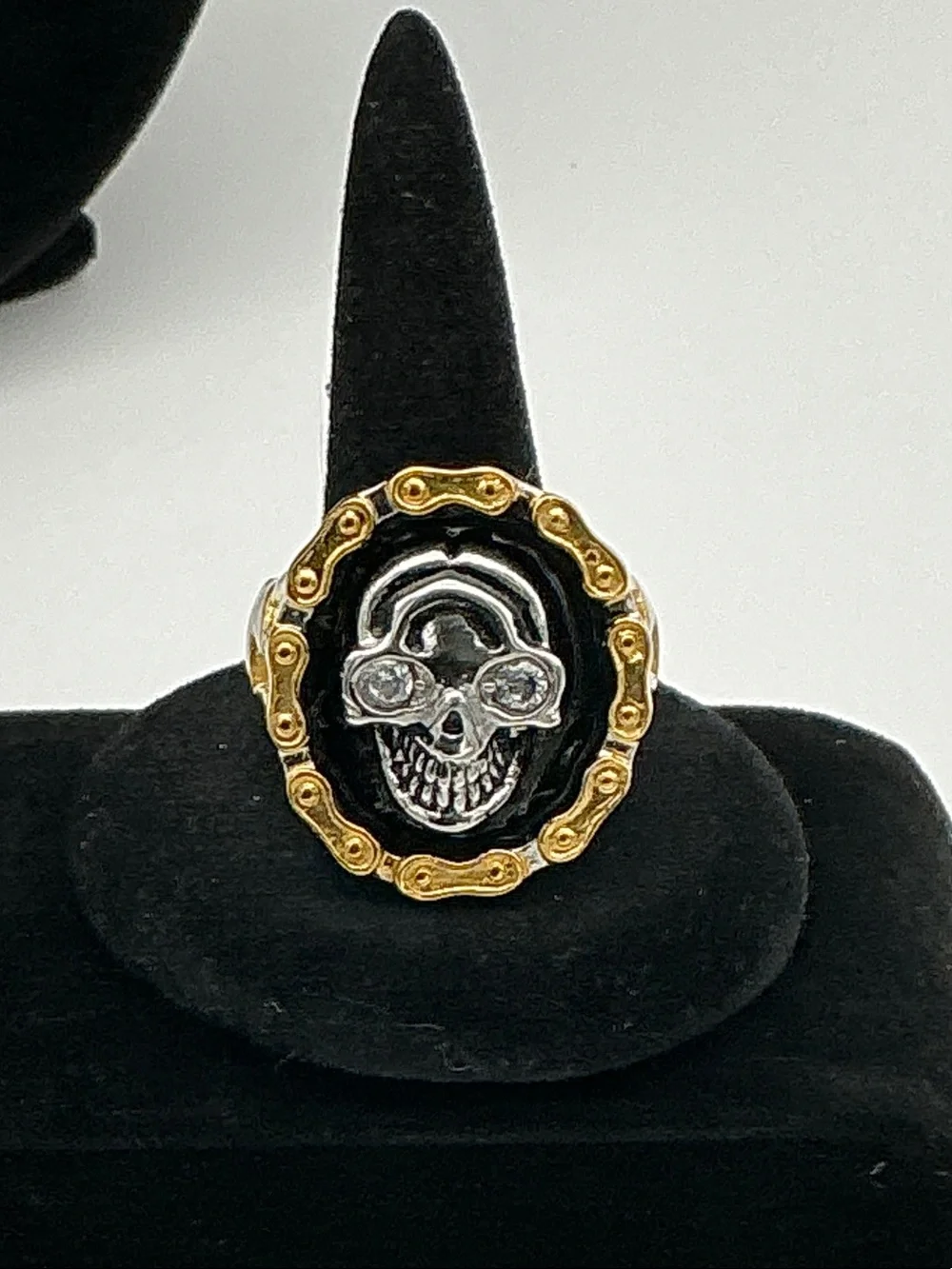 Men's Stainless Steel Black Enamel Skull Signet Ring with Gold Chain Accent